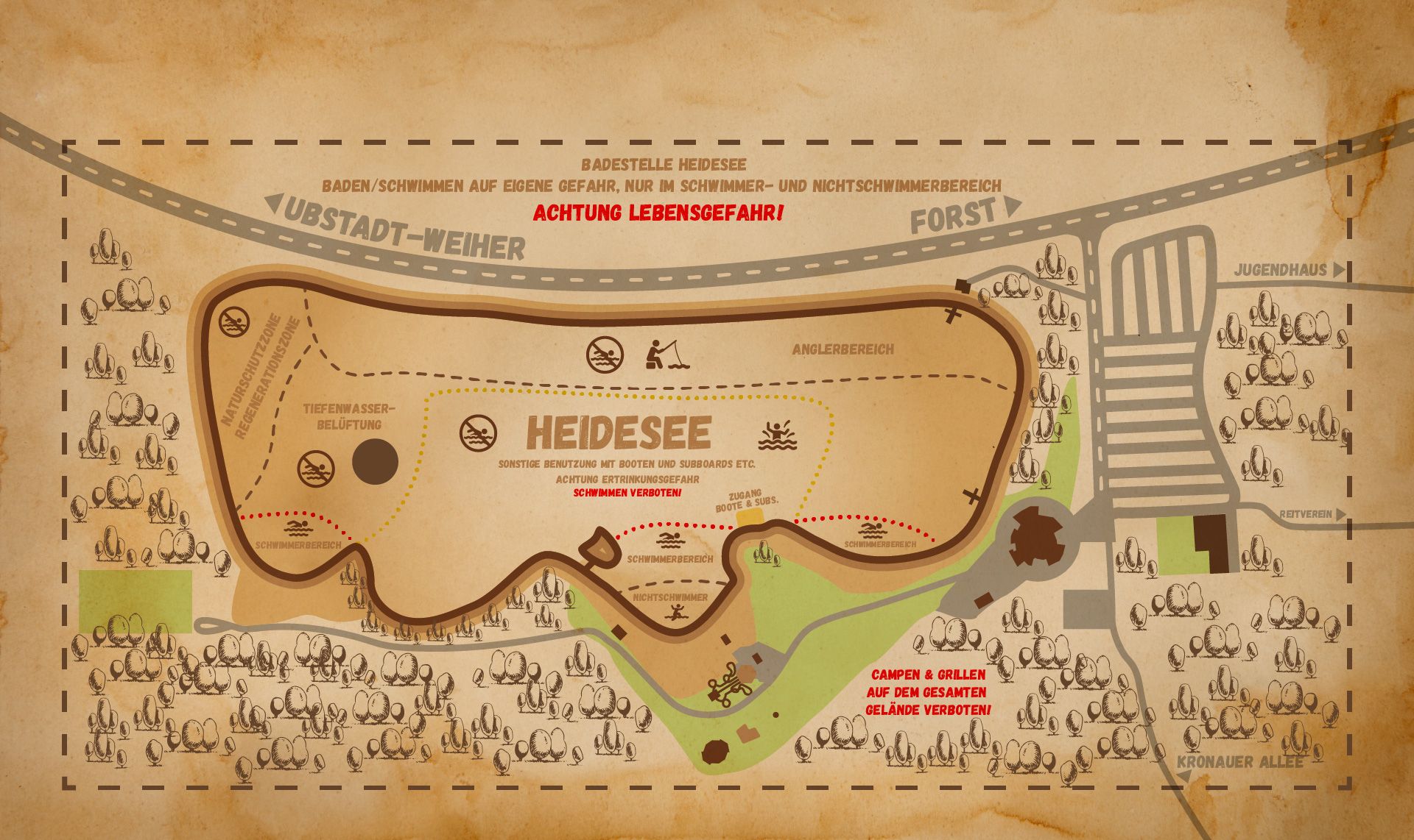 Eine Karte des Heidesees mit verschiedenen Punkten wie Rutschbahn, Umkleiden und Restaurant.